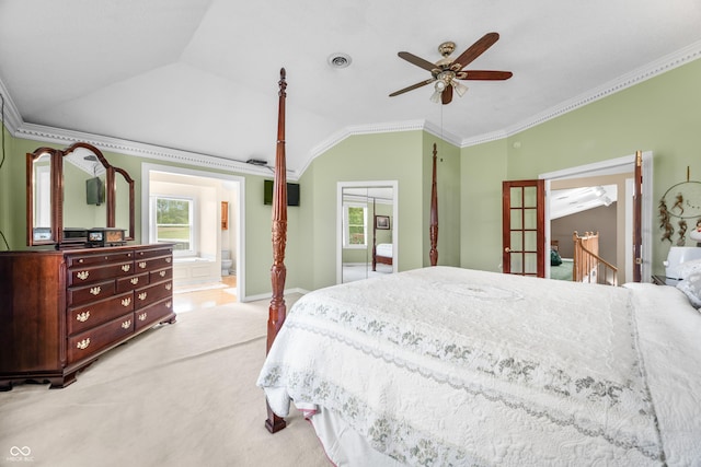 5439 E Kinderhook Rd, Scottsburg, IN 47170 - bedroom featuring multiple windows, ornamental molding, lofted ceiling, connected bathroom, and carpet flooring