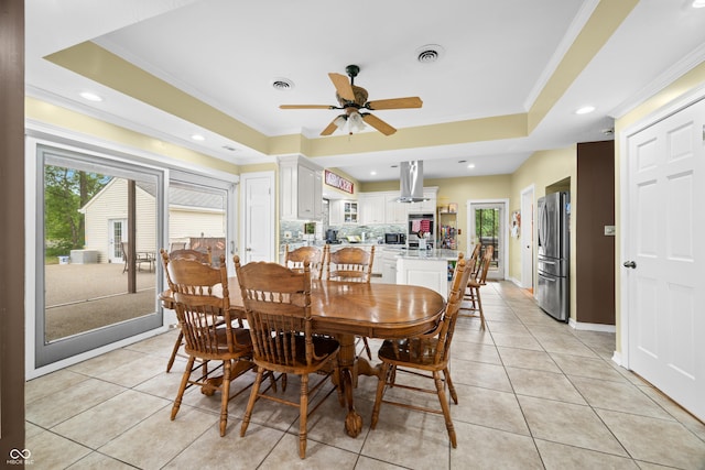 5439 E Kinderhook Rd, Scottsburg, IN 47170 - dining area with ornamental molding, a ceiling fan, light tile patterned floors, a raised ceiling, and recessed lighting