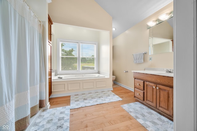 5439 E Kinderhook Rd, Scottsburg, IN 47170 - bathroom with hardwood / wood-style flooring, a bath, vanity, vaulted ceiling, and toilet