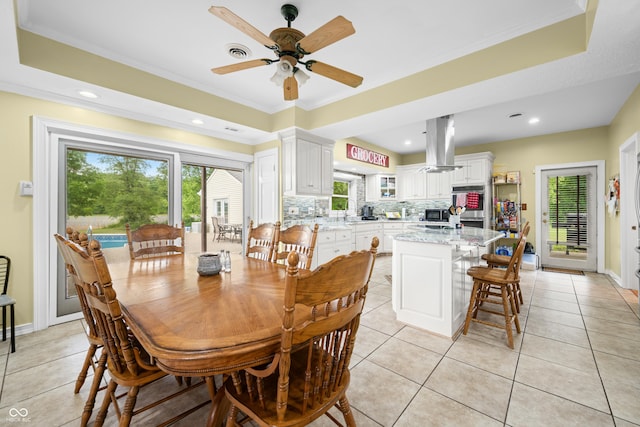 5439 E Kinderhook Rd, Scottsburg, IN 47170 - dining room with plenty of natural light, light tile patterned flooring, a ceiling fan, ornamental molding, and recessed lighting