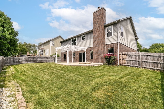 4650 Blue Marlin Way, Indianapolis, IN 46239 - back of house featuring a pergola, brick siding, a patio, a chimney, and a fenced backyard