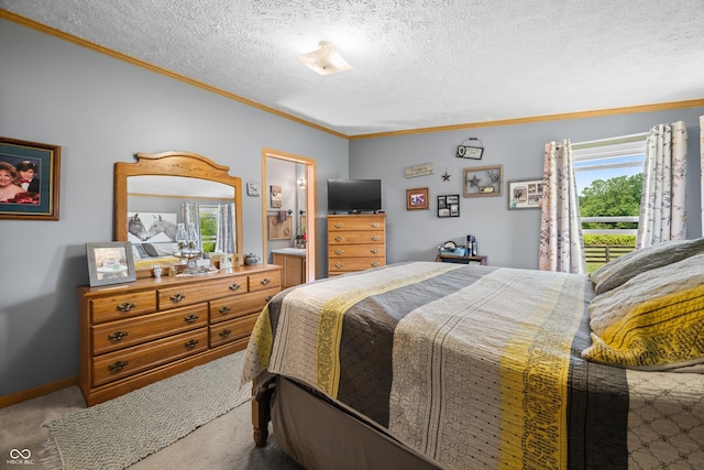 2248 W State Road 58, Seymour, IN 47274 - carpeted bedroom featuring ornamental molding, a textured ceiling, and ensuite bathroom