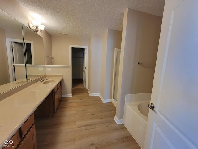 11070 Long Lake Ln, Fishers, IN 46037 - full bath featuring a garden tub, vanity, wood finished floors, a textured ceiling, and a stall shower