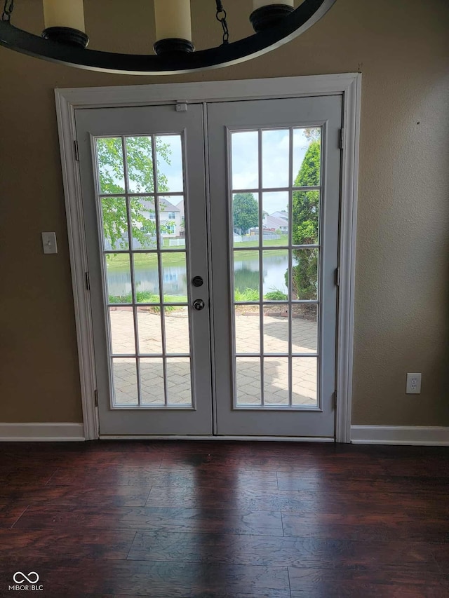 11070 Long Lake Ln, Fishers, IN 46037 - doorway featuring french doors, dark wood-type flooring, a water view, and baseboards