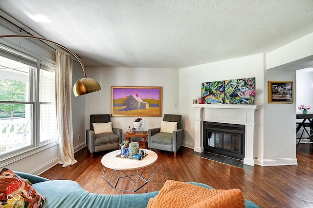 1548 N Park Ave, Indianapolis, IN 46202 - living room featuring wood finished floors, baseboards, a fireplace with flush hearth, and a textured ceiling