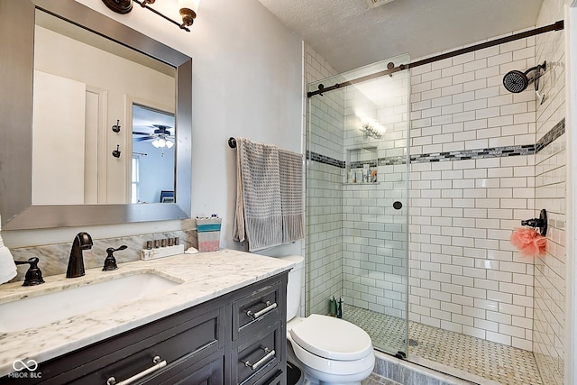 1548 N Park Ave, Indianapolis, IN 46202 - bathroom with vanity, a shower stall, toilet, and a textured ceiling