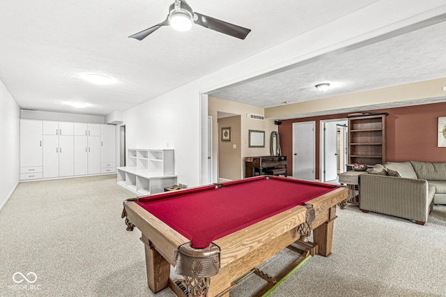 11244 Blackwalnut Pt, Indianapolis, IN 46236 - game room with carpet floors, a textured ceiling, ceiling fan, and billiards