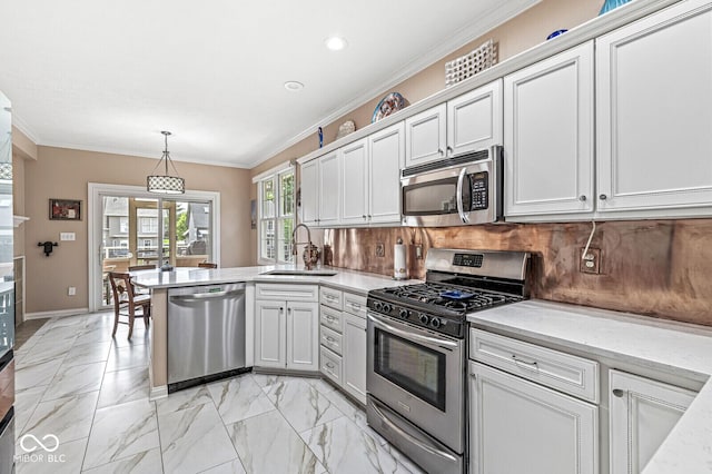 11244 Blackwalnut Pt, Indianapolis, IN 46236 - kitchen featuring stainless steel appliances, a peninsula, crown molding, light marble finish flooring, and white cabinets