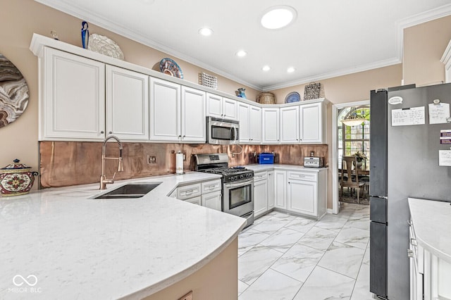 11244 Blackwalnut Pt, Indianapolis, IN 46236 - kitchen with appliances with stainless steel finishes, light marble finish floors, recessed lighting, crown molding, and light stone countertops