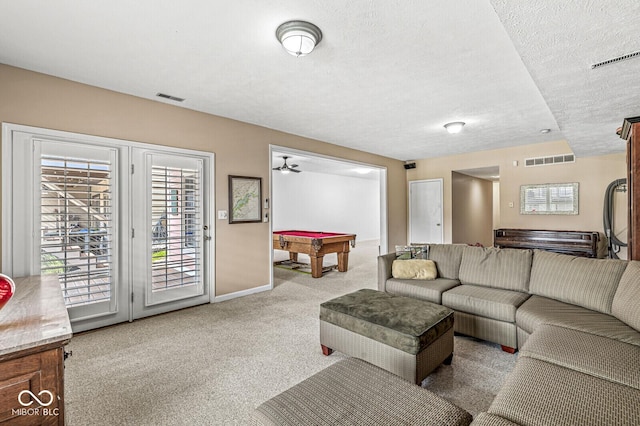 11244 Blackwalnut Pt, Indianapolis, IN 46236 - living room featuring pool table, carpet flooring, and a textured ceiling