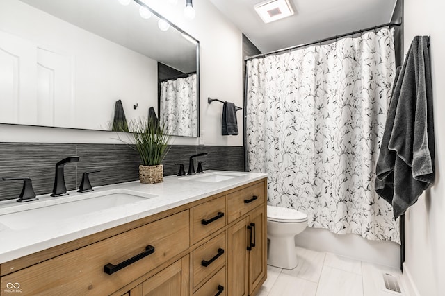 14149 Ledgewood Way, Carmel, IN 46032 - full bathroom featuring double vanity, tasteful backsplash, and a shower with shower curtain