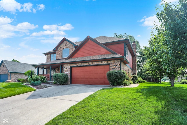8619 Wrangler Ct, Indianapolis, IN 46217 - traditional-style house with a front lawn, an attached garage, concrete driveway, a porch, and a chimney