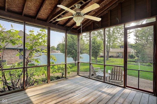8619 Wrangler Ct, Indianapolis, IN 46217 - unfurnished sunroom featuring lofted ceiling and ceiling fan