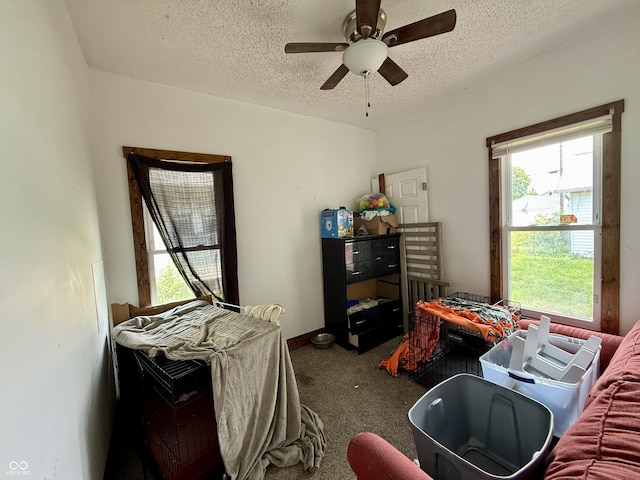 1126 S 20th St, New Castle, IN 47362 - bedroom featuring carpet, a textured ceiling, multiple windows, and a ceiling fan