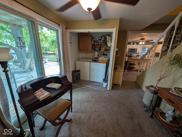 317 Washington St, Clay City, IN 47841 - dining room featuring ceiling fan, separate washer and dryer, and light colored carpet