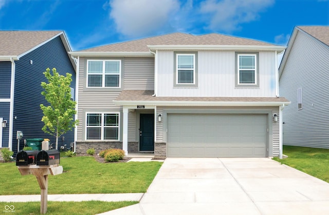 2916 W Bargello Ln, Monrovia, IN 46157 - view of front of home featuring driveway, a garage, a front yard, stone siding, and roof with shingles