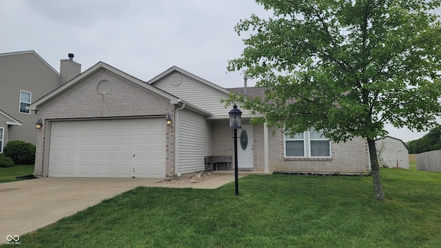713 Driftwood Cir, Danville, IN 46122 - single story home with an attached garage, concrete driveway, a front yard, brick siding, and a chimney