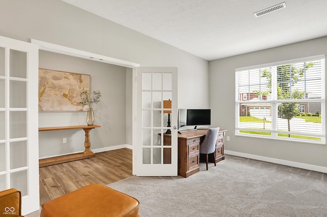 9716 Cimmaron Ave, Mccordsville, IN 46055 - office featuring french doors, lofted ceiling, baseboards, and wood finished floors