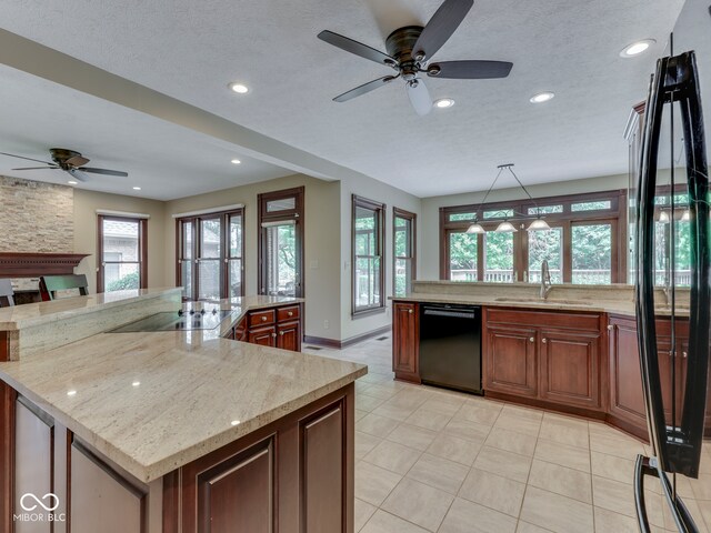 20 Forrests Edge Ct, Indianapolis, IN 46227 - kitchen with black appliances, ceiling fan, a sink, recessed lighting, and plenty of natural light