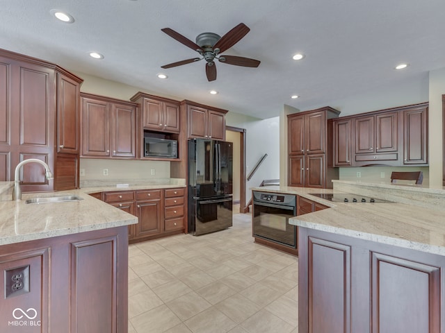 20 Forrests Edge Ct, Indianapolis, IN 46227 - kitchen featuring black appliances, a sink, a ceiling fan, a peninsula, and light stone countertops