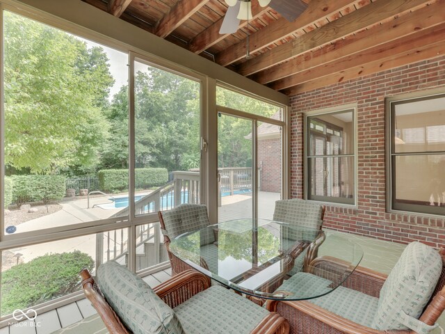 20 Forrests Edge Ct, Indianapolis, IN 46227 - sunroom / solarium featuring ceiling fan, outdoor dining space, beamed ceiling, and plenty of natural light