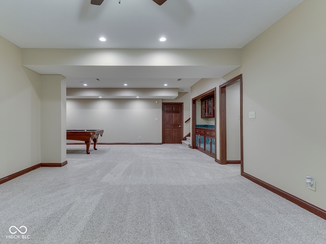 20 Forrests Edge Ct, Indianapolis, IN 46227 - recreation room with baseboards, light carpet, a ceiling fan, and recessed lighting