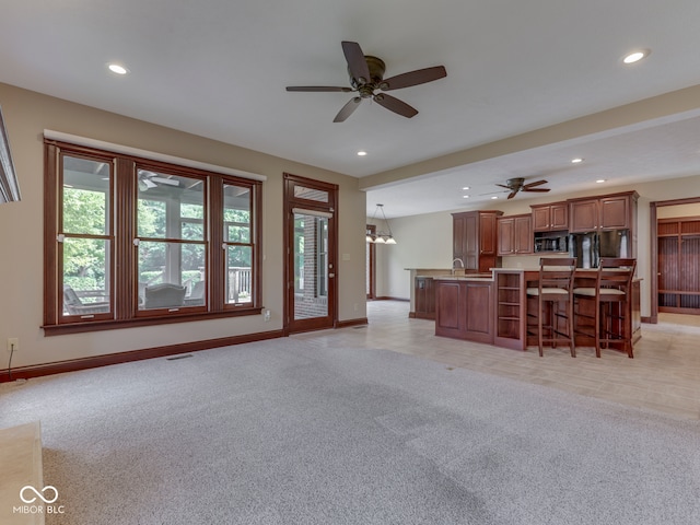 20 Forrests Edge Ct, Indianapolis, IN 46227 - living room with baseboards, recessed lighting, ceiling fan, and light colored carpet