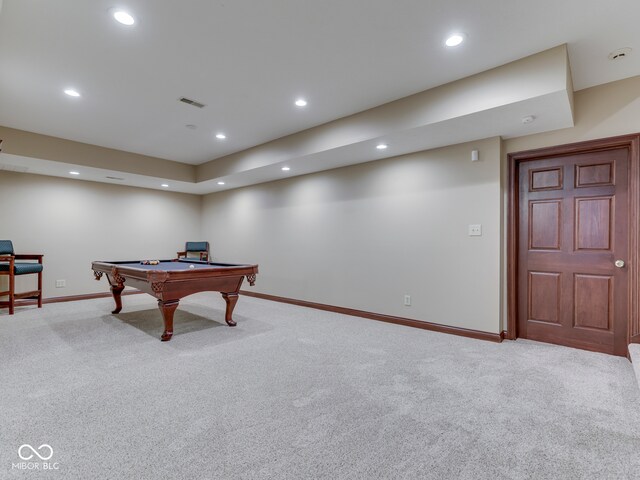 20 Forrests Edge Ct, Indianapolis, IN 46227 - recreation room with carpet flooring, baseboards, billiards, and recessed lighting