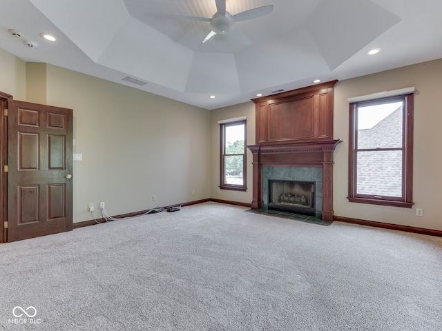 20 Forrests Edge Ct, Indianapolis, IN 46227 - unfurnished living room with light carpet, a ceiling fan, baseboards, and recessed lighting