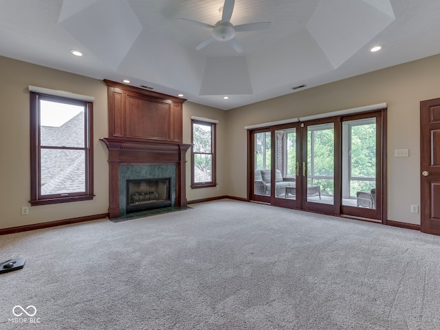 20 Forrests Edge Ct, Indianapolis, IN 46227 - unfurnished living room featuring carpet flooring, baseboards, a ceiling fan, and recessed lighting
