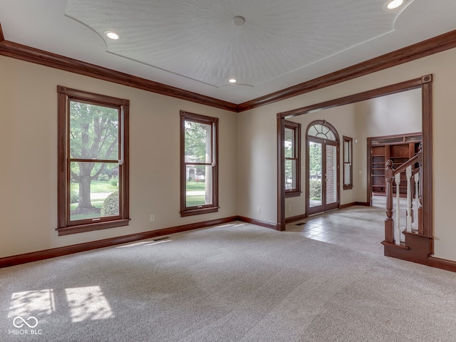 20 Forrests Edge Ct, Indianapolis, IN 46227 - unfurnished room with baseboards, light carpet, ornamental molding, recessed lighting, and light tile patterned floors