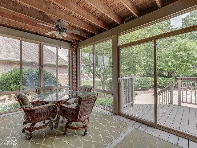 20 Forrests Edge Ct, Indianapolis, IN 46227 - sunroom / solarium featuring ceiling fan, beamed ceiling, plenty of natural light, and outdoor dining space