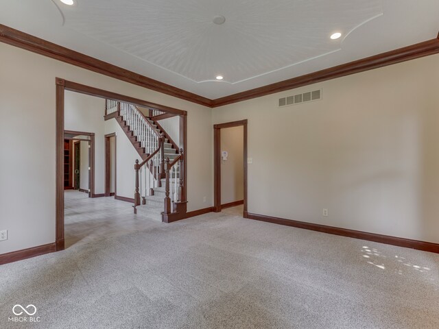 20 Forrests Edge Ct, Indianapolis, IN 46227 - spare room featuring baseboards, stairway, carpet flooring, crown molding, and recessed lighting