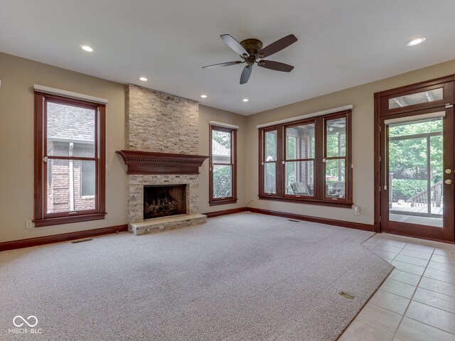 20 Forrests Edge Ct, Indianapolis, IN 46227 - unfurnished living room featuring baseboards, a ceiling fan, a fireplace, recessed lighting, and light tile patterned floors