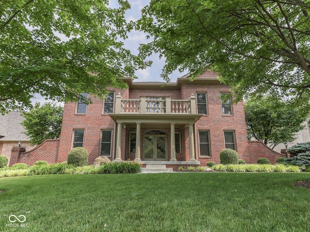 20 Forrests Edge Ct, Indianapolis, IN 46227 - colonial inspired home with a balcony, a front yard, french doors, and brick siding