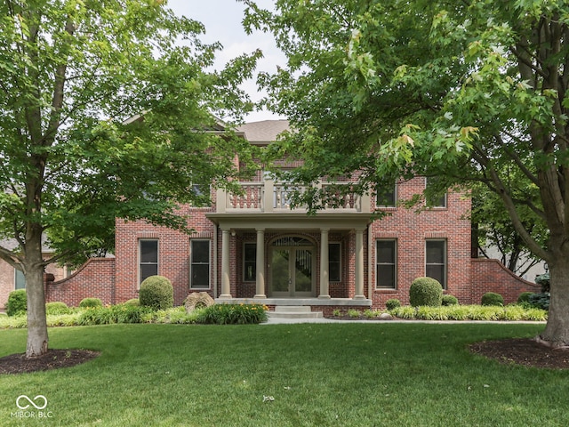 20 Forrests Edge Ct, Indianapolis, IN 46227 - view of front of property with a balcony, french doors, a front lawn, and brick siding