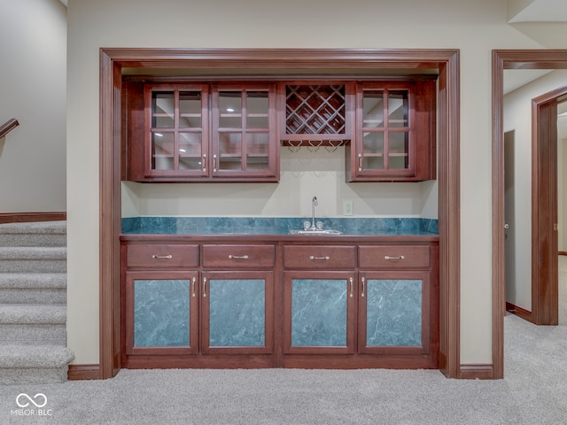 20 Forrests Edge Ct, Indianapolis, IN 46227 - indoor wet bar featuring carpet flooring, stairway, and baseboards