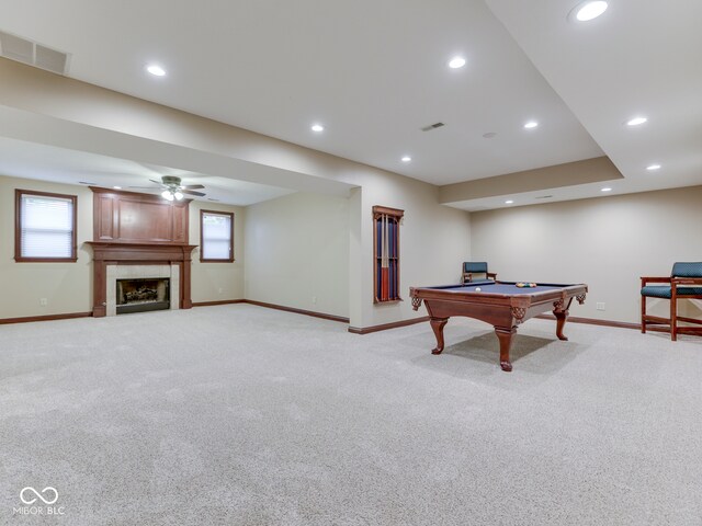 20 Forrests Edge Ct, Indianapolis, IN 46227 - rec room featuring baseboards, pool table, light carpet, a fireplace, and recessed lighting