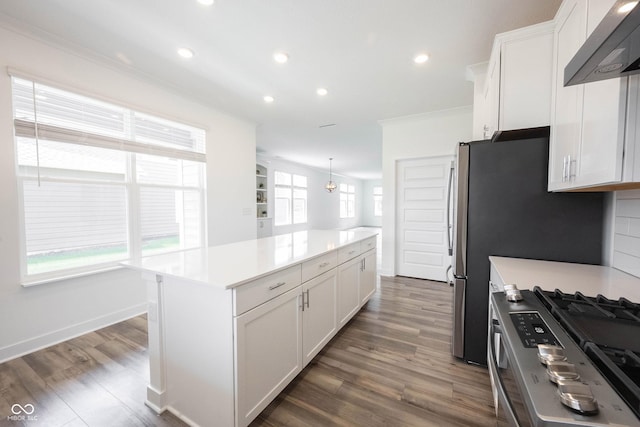 19800 Sutton Ter, Westfield, IN 46074 - kitchen featuring a kitchen island, white cabinetry, recessed lighting, light countertops, and ornamental molding