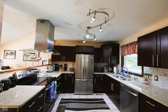 5654 Paradise Dr, Martinsville, IN 46151 - kitchen with appliances with stainless steel finishes, island exhaust hood, a sink, tasteful backsplash, and light tile patterned flooring