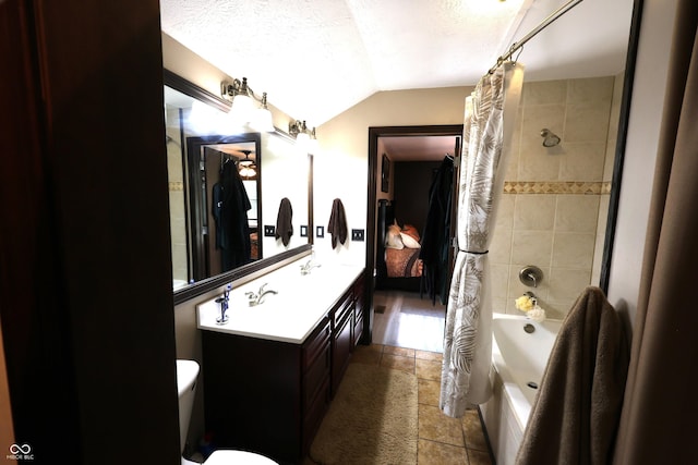 5654 Paradise Dr, Martinsville, IN 46151 - bathroom with vaulted ceiling, shower / tub combo with curtain, double vanity, toilet, and a textured ceiling