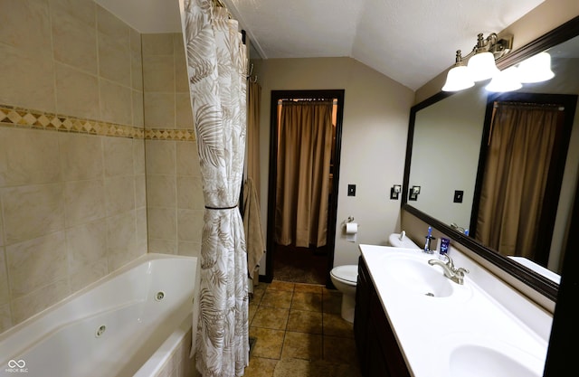 5654 Paradise Dr, Martinsville, IN 46151 - full bath with lofted ceiling, a combined bath / shower with jetted tub, toilet, and double vanity