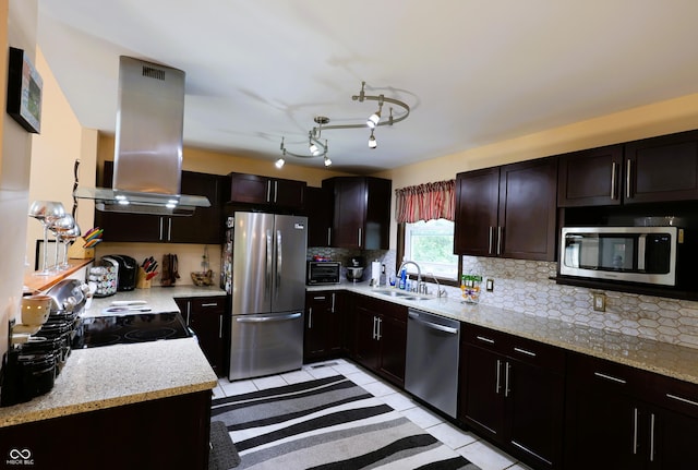 5654 Paradise Dr, Martinsville, IN 46151 - kitchen featuring stainless steel appliances, island range hood, backsplash, a sink, and light stone countertops