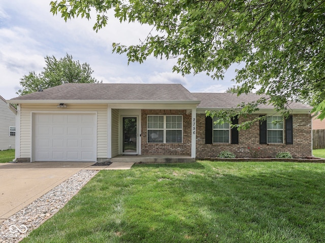 2756 Branigin Creek Blvd, Franklin, IN 46131 - ranch-style house featuring an attached garage, a front lawn, driveway, brick siding, and roof with shingles