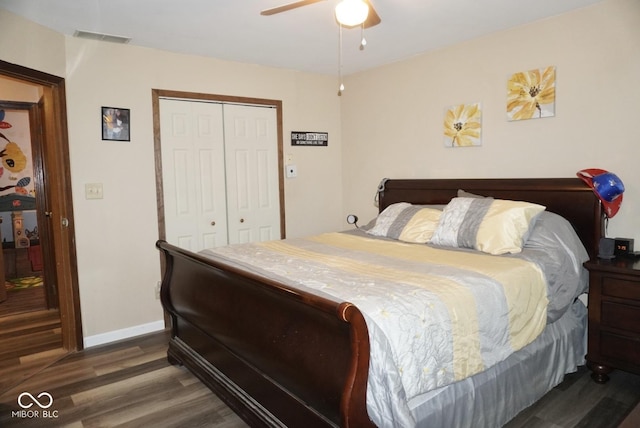 254 Bittersweet Dr, Whiteland, IN 46184 - bedroom with a closet, wood finished floors, baseboards, and ceiling fan