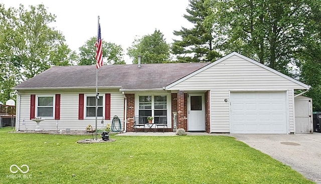 254 Bittersweet Dr, Whiteland, IN 46184 - ranch-style home with driveway, a front lawn, brick siding, a garage, and a shingled roof