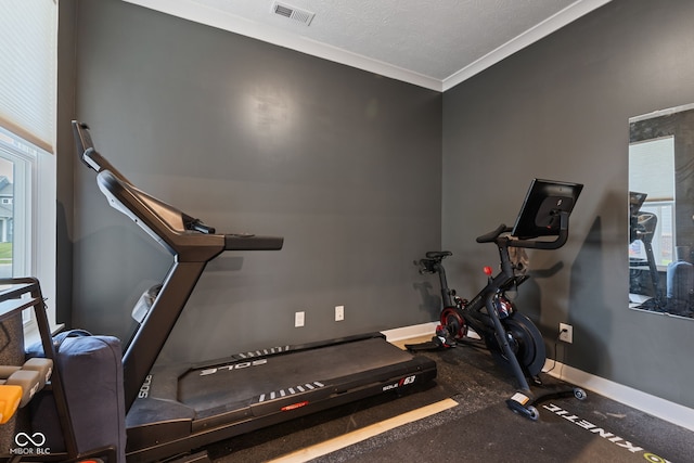 14848 Stonneger St, Westfield, IN 46074 - exercise room featuring baseboards, ornamental molding, and a textured ceiling