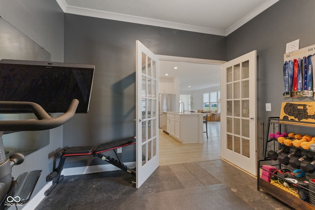 14848 Stonneger St, Westfield, IN 46074 - workout room with french doors, ornamental molding, a sink, and recessed lighting