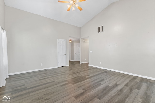 10693 Newgate Ln, Indianapolis, IN 46231 - unfurnished bedroom featuring high vaulted ceiling, baseboards, wood finished floors, and ceiling fan