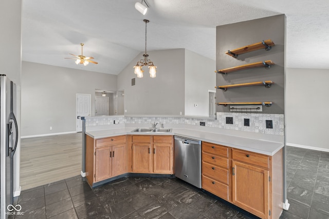 10693 Newgate Ln, Indianapolis, IN 46231 - kitchen featuring stainless steel dishwasher, fridge with ice dispenser, ceiling fan, a peninsula, and lofted ceiling